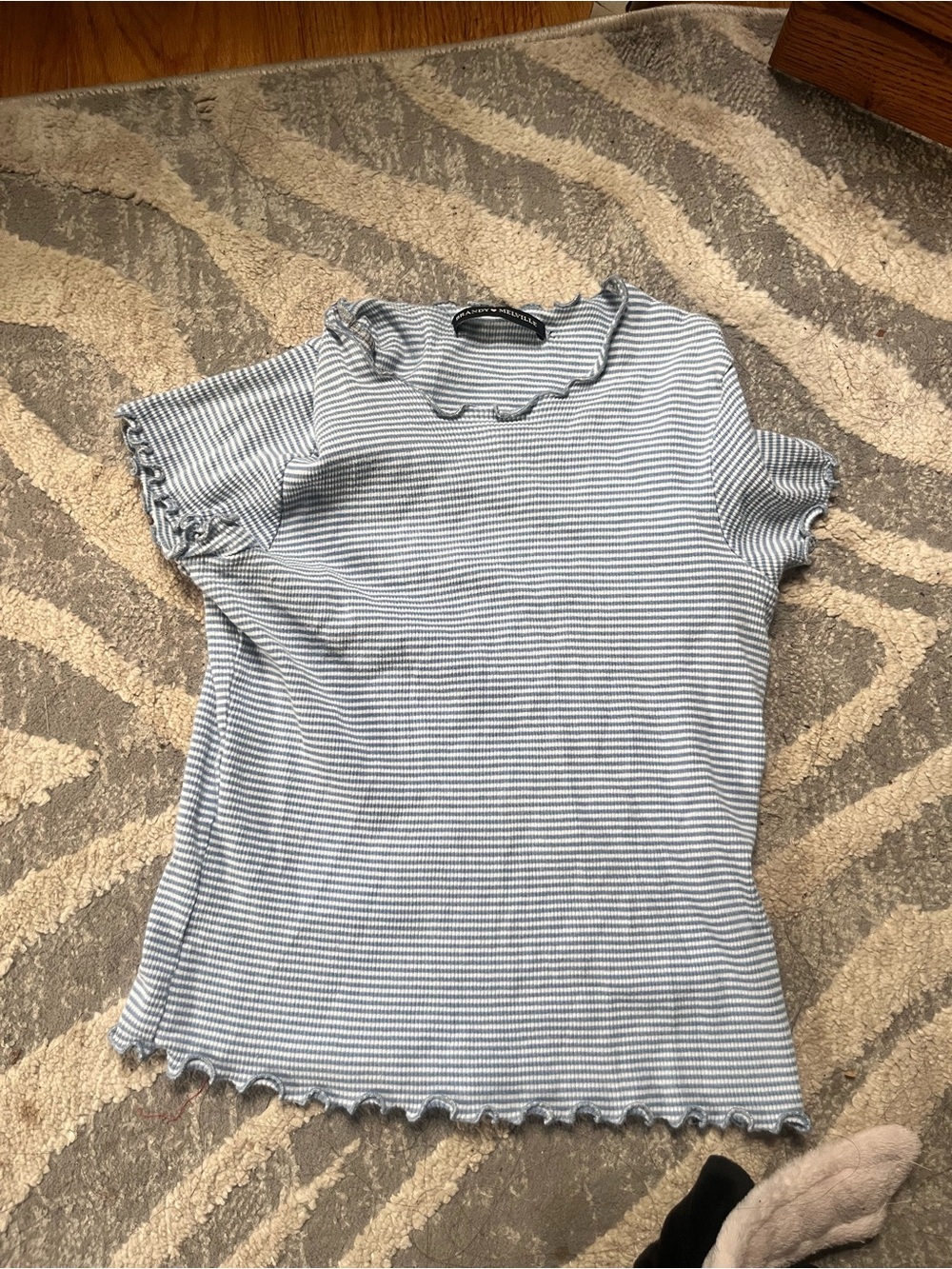 Brandy Melville Light Blue & White Striped Ruffle-Edge Tee